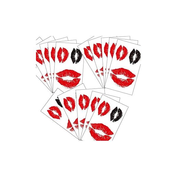 Valentines Lip Temporary Tattoo Print Stickers Red Black Kiss Waterproof Fake Tattoos for Adult Kids Halloween Costume Accessories and Parties,15-Sheet