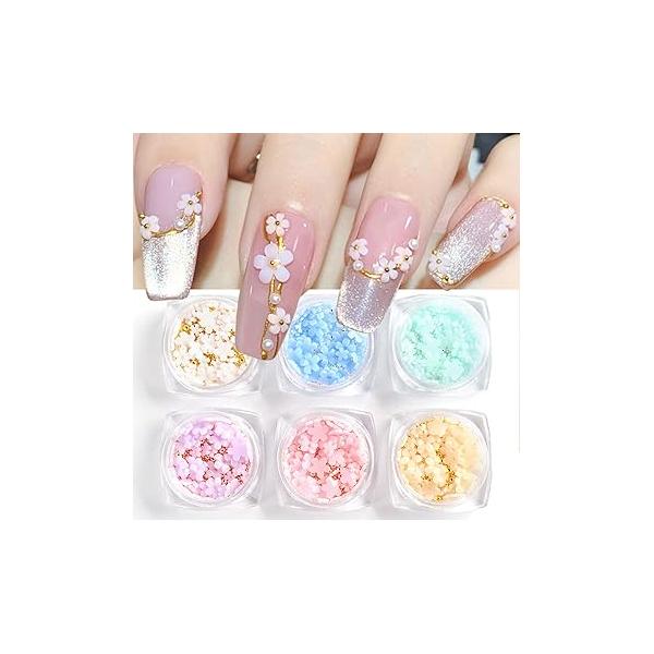 6 Boxes 3D Flower Nail Art Charms Light Change Decals for Acrylic Accessories with Pearl Golden Caviar Beads Glitter Supplies Stud Design Jewelry Women DIY Decoration Tips