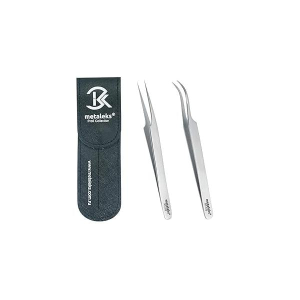 Tweezers for Eyelash Extension - Straight and Curved Pointed Professional Stainless Steel Precision set 2 Pcs With Pouch In Purple Powder Coating