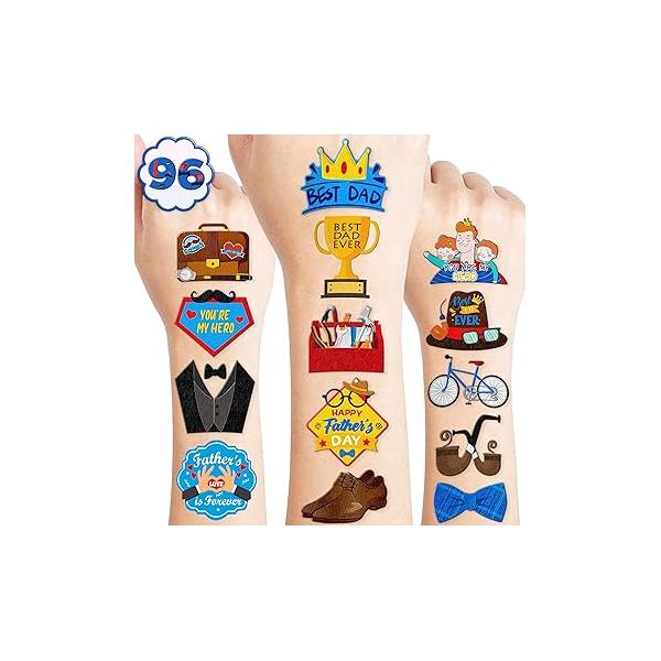 96 PCS Funny Happy Fathers Father’s Day Best Dad Ever Temporary Tattoos Themed Birthday Party Favors Decorations Supplies Decor Blue Papa Tool Tattoo Stickers Gifts For Kids Boys Girls School Prizes