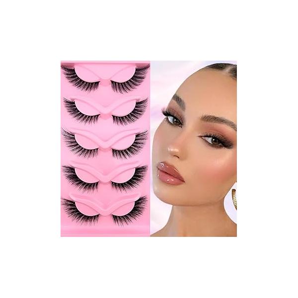 Fox Eye Lashes Wispy Eyelashes 18mm Cat-Eye Angel Wing Faux Mink False Natural Look 5 Pairs pack(XF05), black