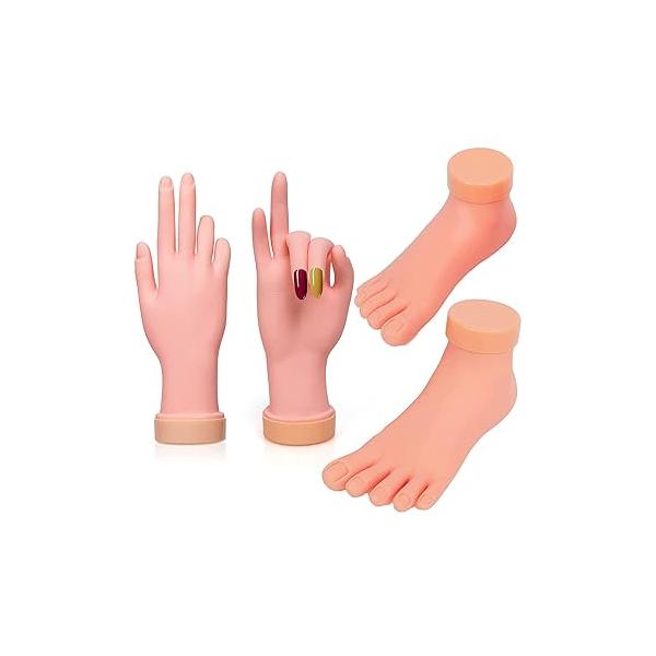 2 Pack Practice Nail Tips Art Trainer Training Hand Tool and 1 Pair Fake Foot Model Flexible Soft Silicone Prosthetic Manicure for