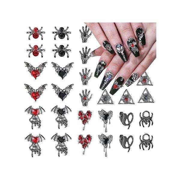 28Pcs Halloween Nail Charms 3D Alloy Spider Art with Heart Rhinestones Horror Snake Hand Skull Design Goth Bat Eye Skeleton Jewels Supplies for Nails Decor