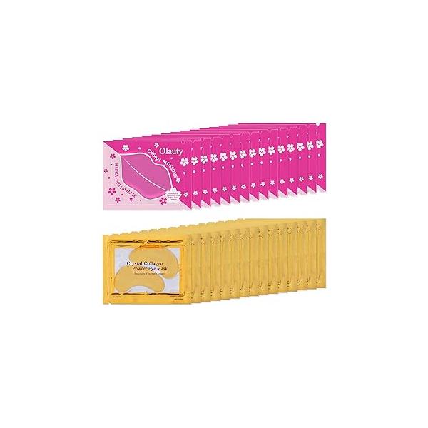 30 Pairs Lip Masks&24K Gold Under Eye Masks,Crystal Collagen Gel Masks,Moisturizing Cherry Blossom Patches Skin Care,Reducing Fine Lines & Dark Circle for Puffy Eyes,Birthday Women