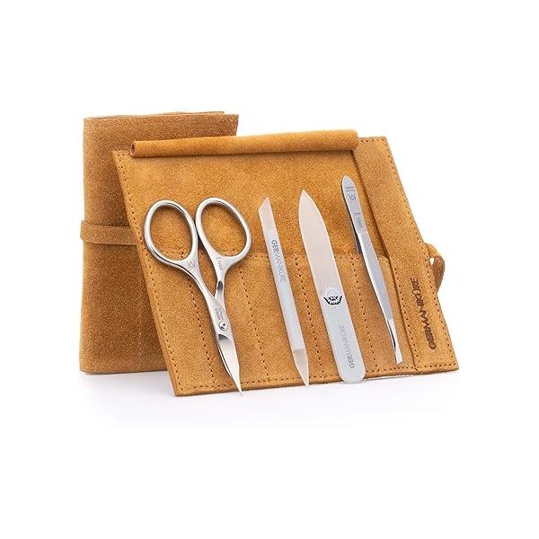GERMANIKURE 4pc Mini Professional Manicure Set in Light Blue Suede Case - FINOX Stainless Steel Tools Made Solingen Germany, Glass Nail Care Supplies Czech Republic