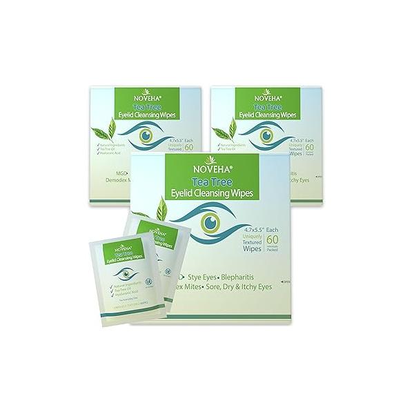 NOVEHA 60PCs Tea Tree Oil Eyelid & Lash Wipes | With Hyaluronic Acid, Green Chamomile For Blepharitis, Itchy Stye Eyes, Individually Wrapped, Natural Eyelash Makeup Remover Daily Cleanser