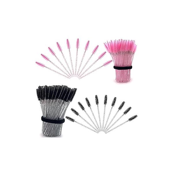 200 Pcs Disposable Mascara Wands, Spiral Lash Brush Applicators with Crystal Handles, Spoolies for Eyelash & Eyebrow Makeup, Makeup Tools in Black and Pink
