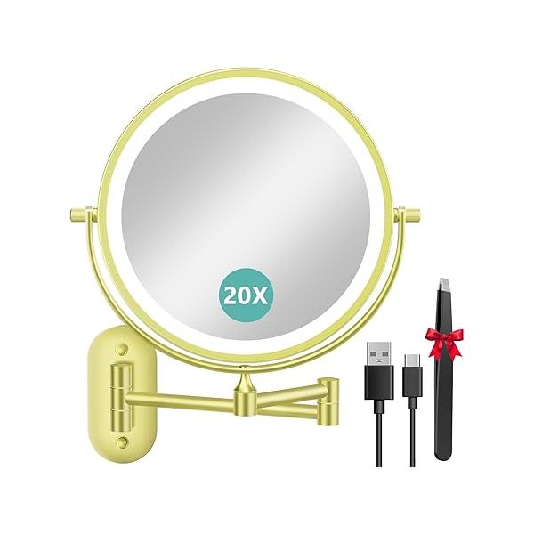 1X/20X Wall Mounted Makeup Mirror with Light, 8" Double-Sided Magnifying Mirror, 3 Color Lights Touch Dimmable Vanity 360° Extension Rotation Foldable 14.5 Inch Arm, Chrome