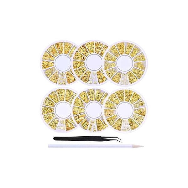 WOKOTO 6 Boxes Gold Nail Charms Studs Rose Star Moon Feather Shape Metal 3D Charm Kit Art Jewelry Decoration With 1Pc Tweezers And Picker Pencil Tools