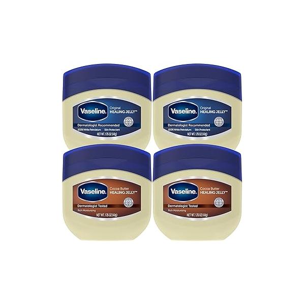 Vaseline Original & Cocoa Butter Healing Jelly Travel-Size Variety 4-Pack - Rich Moisturizing Ointment, Skin Protectant for Soothing Cracked, Dry Skin, 1.75 Oz Ea