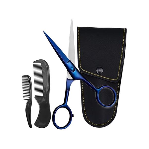 Ontaki 5" Professional German Beard & Mustache Scissors with 2 Comb Carrying Pouch for Men - Bevel Edge Precision Facial Hair Grooming Kit All Body Black Trimming