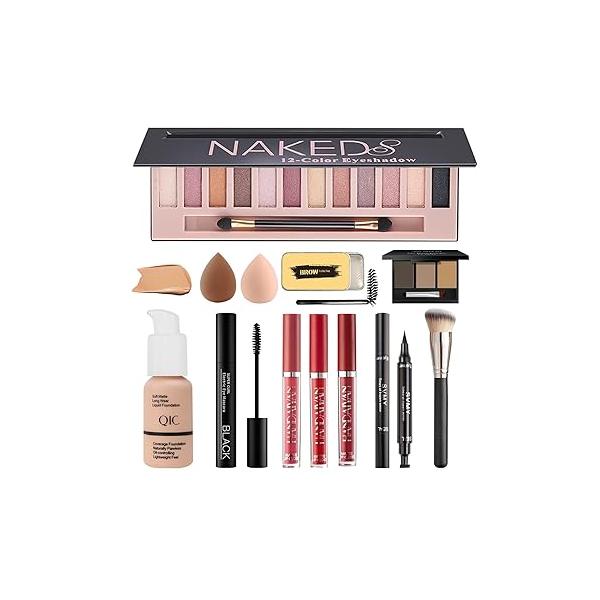 All in One Makeup Kit, Includes 12 Colors Naked Eyeshadow Palette, 5Pcs Brushes, Waterproof Eyeliner Pencils, Eyebrow Powder and Quicksand Cosmetic Bag, Gift Set for Women, Girls & Teens