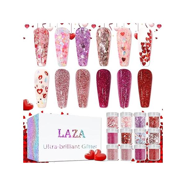 Laza Independence Day Nail Art Glitters 12 Colors Red Blue Silver Fine Powder Chunky Star Sequins Hexagon Confetti 4th of July Decals Festival Polish Supplies - Colorful Holiday