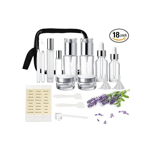 18Pack Glass Travel Bottles for Toiletries, TSA Approved Containers 1.35/0.7/1 oz Silver Small with Label, BPA Free Leak Proof Pump Spray Makeup, Skincare