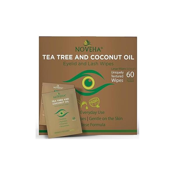 NOVEHA Tea Tree & Coconut Oil Eyelid Lash Wipes | For Demodex, Blepharitis Itchy Eyes, Box Of 60 Individually Wrapped Eyelash With Aloe Vera, Natural Makeup Remover Daily Eye Cleanser