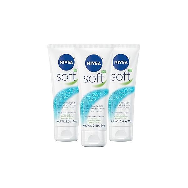 NIVEA Soft Refreshingly Moisturizing Cream, Lightweight Moisturizer for Face, Body and Hands, Cream Enriched with Jojoba Oil Vitamin E, 2.6 Oz Tube, Pack of 3
