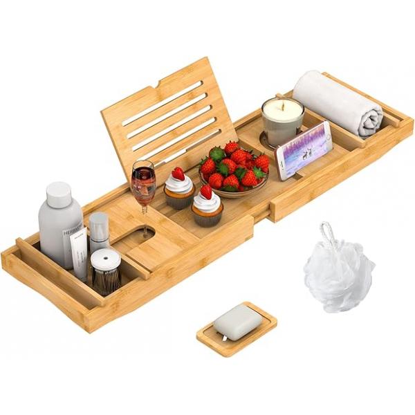 Bamboo Bathtub Tray for Luxury Bathroom, Expandable Premium Bath w/Soap Towel Book Holder, Adjustable Accessories Tub,Extendable Tub with Wine Glass Cup Organizer 29.5"-43.3" Black