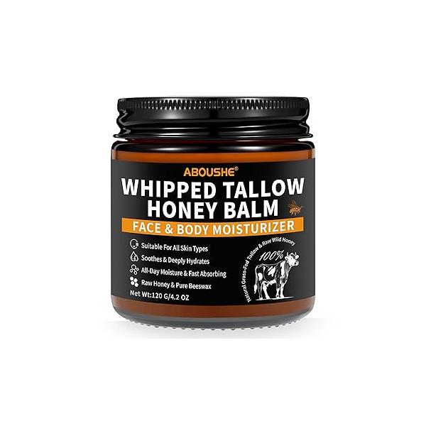 Beef Tallow for Skin - Organic Grass-Fed Whipped and Honey Balm with Wild & Beeswax, Face Body Moisturizer, Natural Lotion Sensitive Dry 4.2 oz