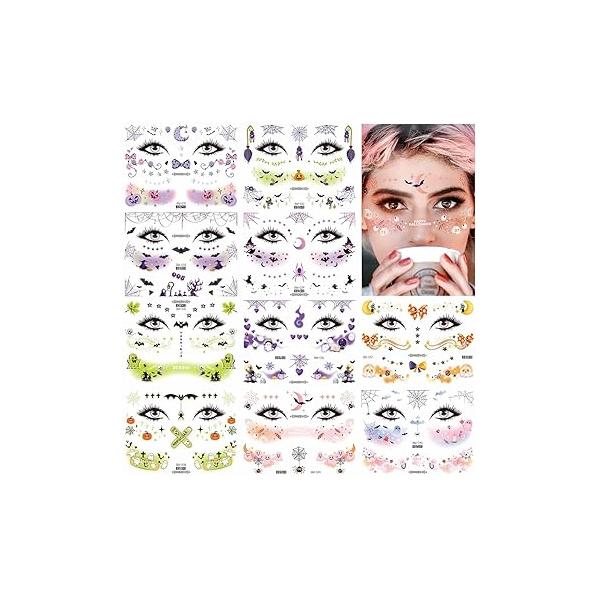 15 Pcs Halloween Glitter Tattoo Stickers, Body Temporary Face Sticker Set,Sweet makeup for Party