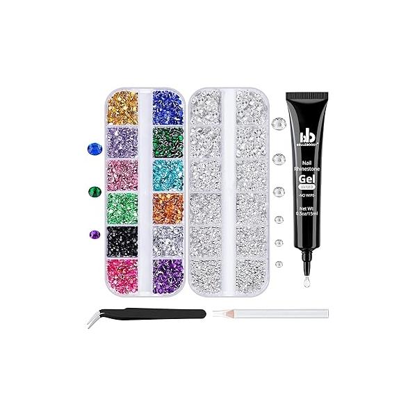 Nail Art Rhinestone Glue Gel&2 Boxes Flatback Gems Kit, 1 Tube of 15ml Gel Glue+Colorful Gems+Flat Back Round Glass Crystal AB&Clear Gemstones with Pickup Tools