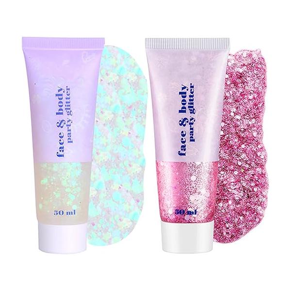 CCbeauty White Pink Silver Body Glitter,Face Glitter Gel,Singer Concerts Music Festival Rave Accessories,Sequins Face Paint,Chunky for Eye Lip Hair,Sparkling Holographic Gel Women