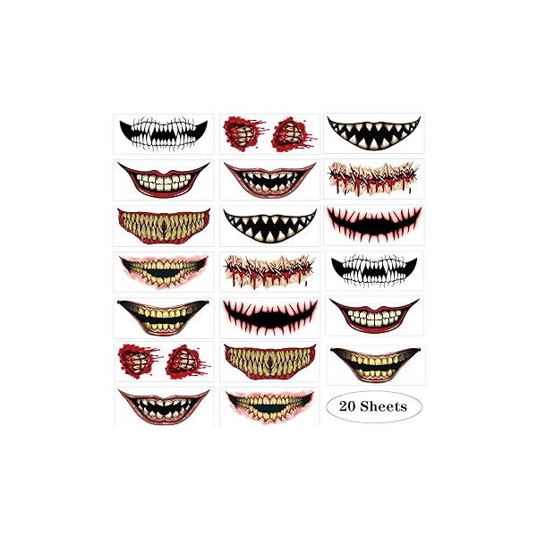 20 Sheets Halloween Temporary Tattoo Stickers Face Stick for Women Men Prank Makeup Clown Horror Scary Big Mouth Fake Decals Adults Kids