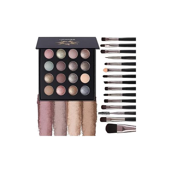 UCANBE Baked Eyeshadow Palette with 15PCS Brushes Makeup Set, 16 Color Natural Nude Matte Shimmer Metallic Eye Shadow Make Up Pallet for Women Girls, High Pigmented Long Lasting Waterproof