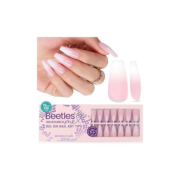 Beetles Ombre French Gel Nail Tips: 210Pcs Pink Press On Nails Short Coffin Kit Gifts for Women Fit Perfectly 4 in 1 Pre-applied Tip Primer & Base Coat Extension Designs