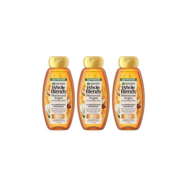 Garnier Whole Blends Moroccan Argan & Camellia Oils Illuminating Shampoo for Silky Shine, 12.5 Fl Oz, 3 Count (Packaging May Vary)
