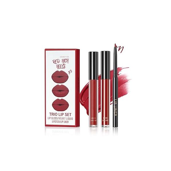 3 in 1 Black Lip Liner Pencil and Lipstick lipgloss Set Matte Gloss Kit Long-lasting Nonstick Cup Smudge Proof Kits with Liner,Velvet Goth Makeup (12#Black Magic)