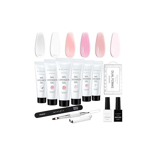 Makartt Poly Nail Gel Kit: 6 Nude Colors Solid Builder 15ML for Extension Enhancement Set with Slip Solution Base Top Coat Dual Forms All in One Hard Gels Nails Starter Supplies Kit