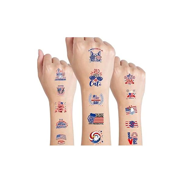 4th of July Independence Day Tattoo Sticker USA American Flag Hat Statue Liberty Patriotic Design Fake Tattoos Memorial Waterproof Face Body Arm Party Supplies for Kids Adult