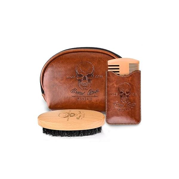 Beard Brush and Comb Set, Boar Bristle Hair Kit with Small Leather Travel Toiletry Bag Case for Men, Include Men's Wooden Mustache