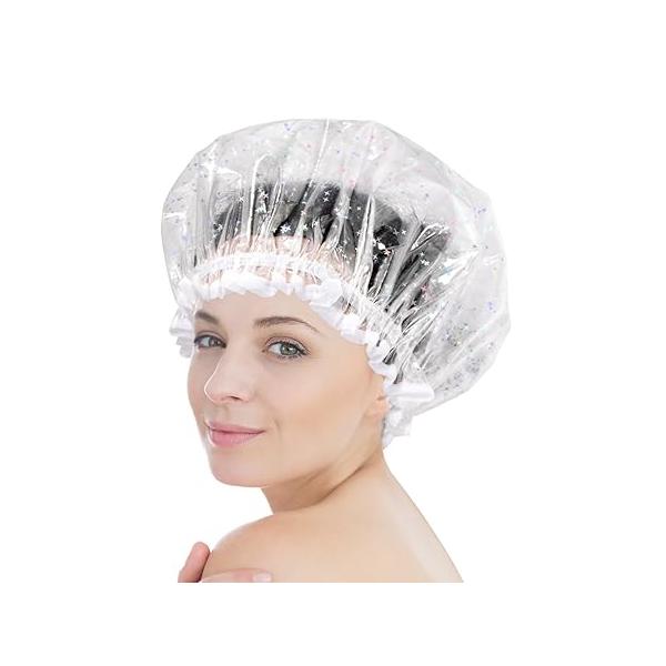 Auban Extra Large Bowknot Shower Caps, Double Layer, Reusable with Silky Satin for Women, Ideal Beauty Bathing, Hair Spa, and Travel Use