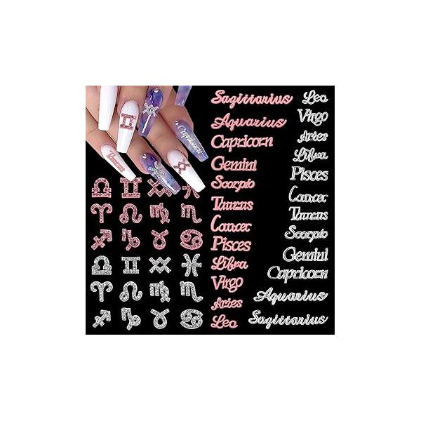 48 Pieces Pink and Silver Alloy Zodiac Nail Charms Signs Studs Constellation Words for Nails Twelve Set Women Girls Art Decoration