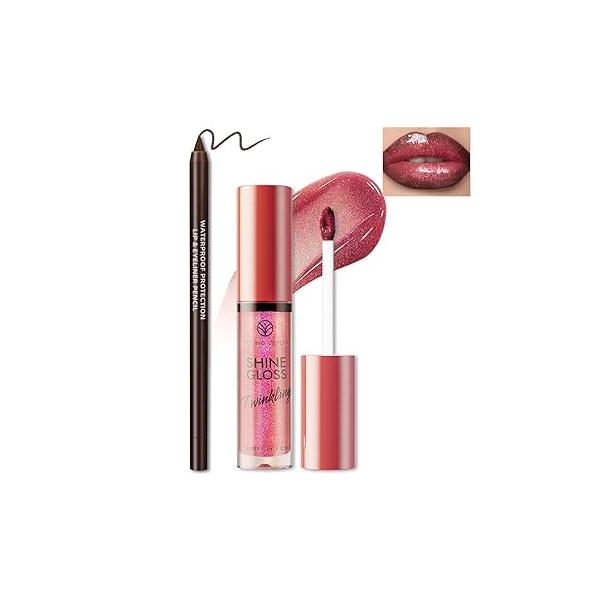 Nourishing Lip Gloss with Brown Liner Combo Set, Moisturizing High Shine Nude Glow Oil Fresh Lightweight Glossy Plumping for Women Long Wear Mini Liquid Lipstick Makeup#8