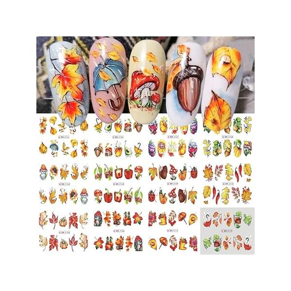 Fall Autumn Yellow Maple Leaf Nail Art Stickers 12 Sheets Water Transfer Decals Pumpkin Mushroom Slider Foil Design Supplies Accessories for Women Girl DIY Decoration
