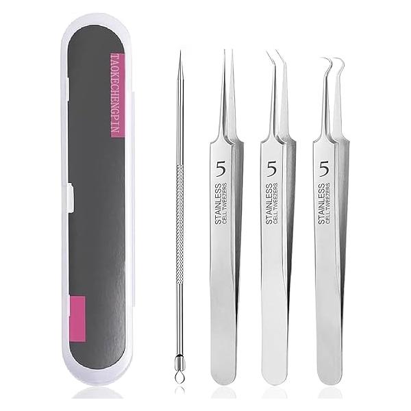 4pcs Blackhead Remover Tweezers Pimple Popper Tool Kit, Extractor Acne Removal Kit Tool, Clip for Whiteheads, Clip, Ingrown Hairs Tweezers, Blackheads