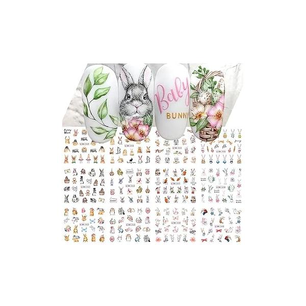 12 Sheet Bunny Nail Art Sticker Decals Easter Water Transfer Stickers Cute Rabbit Flower Carrot Design for Women Kids DIY Decoration Acrylic Nails Supplies