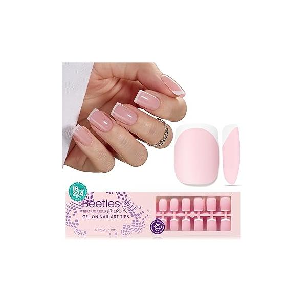 Beetles Ombre French Gel Nail Tips: 210Pcs Pink Press On Nails Short Coffin Kit Gifts for Women Fit Perfectly 4 in 1 Pre-applied Tip Primer & Base Coat Extension Designs