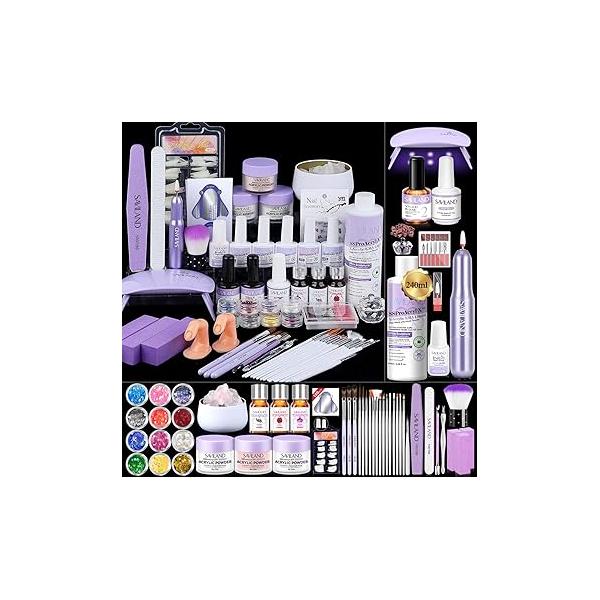 SAVILAND Acrylic Nail Kit with Drill & U V Light: All-in-1 Nails Set for Beginner Everything Powder 240 ml Liquid Gel Polish Essential Oil Professional