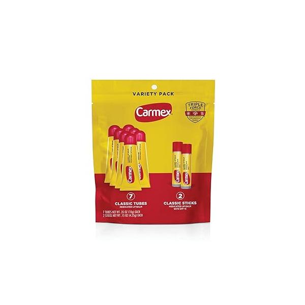 Carmex Classic Medicated Lip Balm Pack, Moisturizer for Chapped Lips, 9-Count Variety Pack Bag (7 Tubes, 2 Sticks)