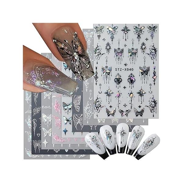 8pcs Laser Black Butterfly Nail Stickers for Women 3D Aurora Decals Art Supplies Metallic Silver Pink Butterflies Nails Manicure Decorations Fingernail Sticker Set