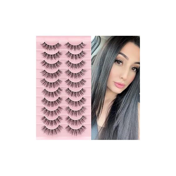 Veleasha Clear Band Lashes 10 Pairs Pack D Curl Russian Strip Lashes,Natural Look Transparent Soft Faux Mink Eyelashes for Eye Makeup (D03-T)