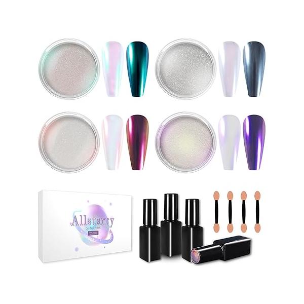 Allstarry Chrome Nail Powder Kit, 4x7ml Black White Gel Polish Top and Base Coat Set, 4 Colors Aurora Chameleon Metallic Mirror Effect Mermaid Pigment Glitter Dust for Art Decoration