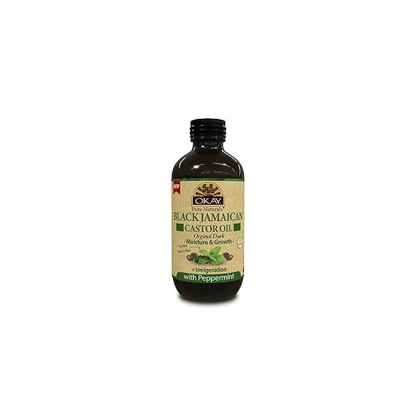 Okay Pure Naturals Black Jamaican Castor Oil - for Hair Growth, Moisture Skin, Face, Scalp, Eyelashes, Eyebrows Men & Women Peppermint, 4 oz Glass Bottle