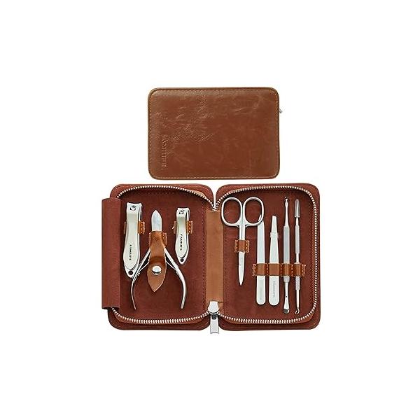 FAMILIFE Manicure Set, Professional Kit Nail Clippers Set 11 in 1 Stainless Steel Pedicure Tools Men Grooming Tool with Portable Brown Leather Travel Case Luxury Gifts for Him