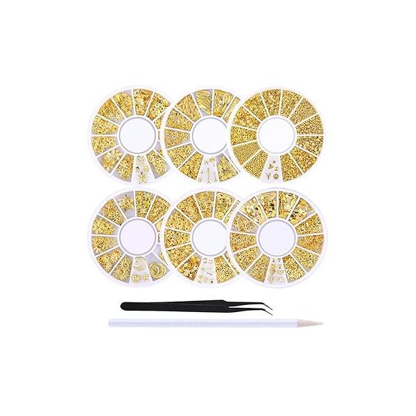 WOKOTO 6 Boxes Gold Nail Charms Studs Rose Star Moon Feather Shape Metal 3D Charm Kit Art Jewelry Decoration With 1Pc Tweezers And Picker Pencil Tools