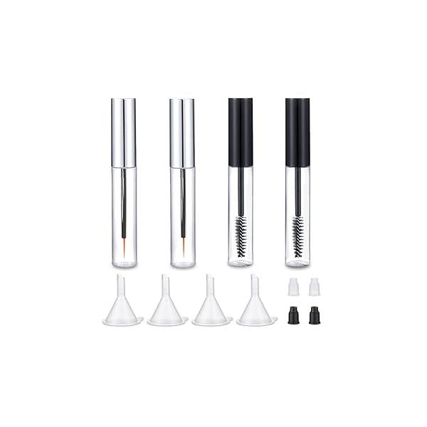 8ml Mascara Tube Empty and Wand Eyelash Cream Container Bottle 7ml Transparent Eyeliner Tubes with Rubber Inserts Funnels Set for Castor Oil DIY（Silver, Black)