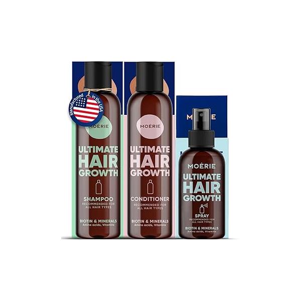 Moerie Mineral Shampoo and Conditioner Plus Hair Growth Spray Set - Ultimate Care Pack For Longer, Thicker, Fuller - Volumizing Products Paraben & Silicone Free 3